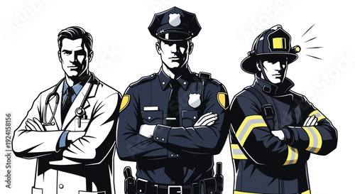 Three essential service professionals standing together.