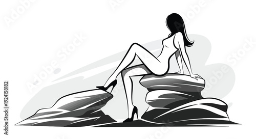Elegant Woman Posing on Rocks Silhouette.