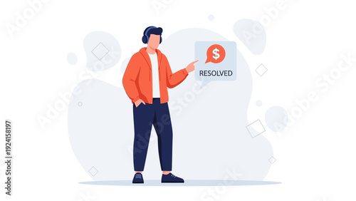 Customer service agent with headset resolves financial issue, money icon and text