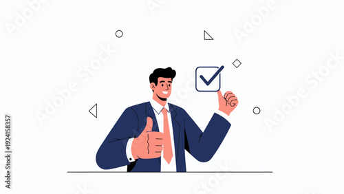 Businessman giving thumbs up with checkmark, success and approval concept