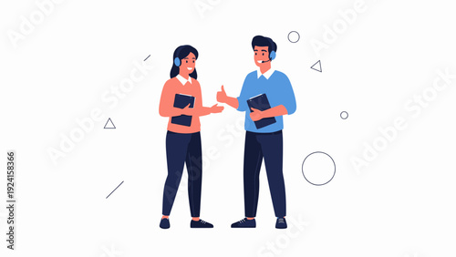 Two people with headsets and books, graphic illustration