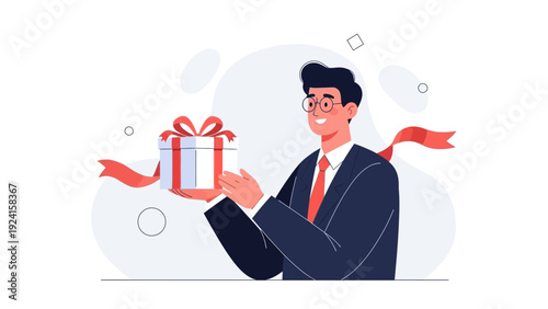 Man in Suit Giving a Gift Box with Red Ribbon