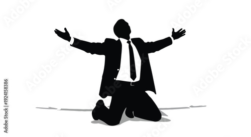 Silhouette of a man in a suit kneeling with arms outstretched.