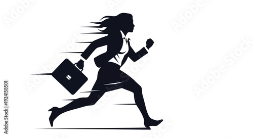 Silhouette of a businesswoman running with a briefcase.