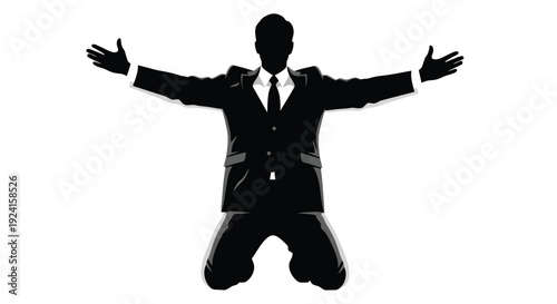 Silhouette of a businessman kneeling with arms outstretched.
