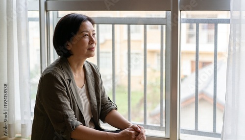 Sitting Asian woman gazing out window with curtain, balcony, in olive jacket ribbed top, copy space Free Download Sitting Asian woman gazing out window with curtain, balcony, in olive jacket ribbed top, copy space - GFXLoad