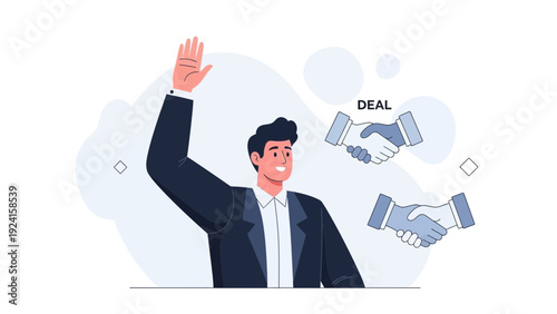 Businessman waving hand, handshake deal, agreement, partnership, success concept illustration