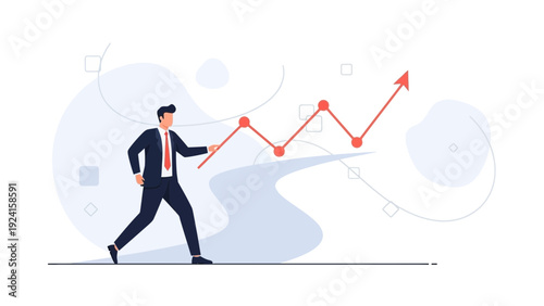 Businessman walking on growth chart path, upward trend, financial success concept
