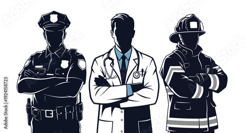 Three essential service professionals standing together.