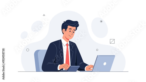 Businessman working on laptop and calculator, modern flat illustration style.