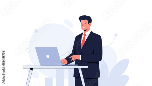 Businessman Working on Laptop at Desk with Abstract Background