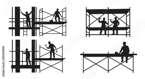 Construction Workers Building Scaffolding Silhouettes.