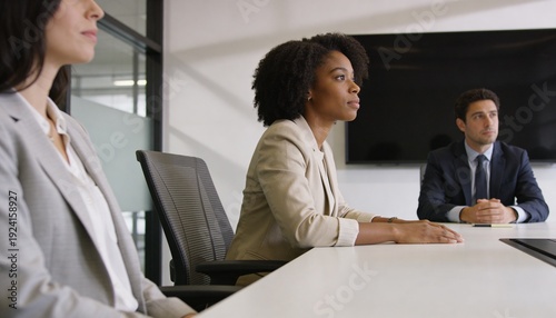 Listening woman with curly hair in beige blazer sitting at white table in meeting room, monitor