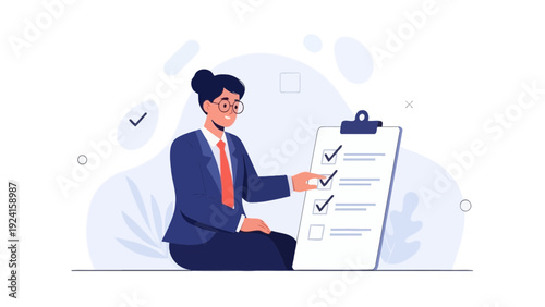 Businesswoman checking off tasks on a checklist, planning and organization concept