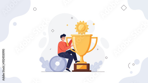 Man sitting on trophy, celebrating success, achievement, winning, goal