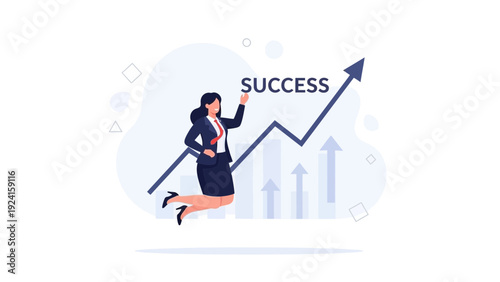 Businesswoman jumping with joy near upward trending graph labeled 'Success'