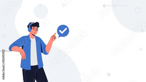 Man with Headphones Points to Check Mark in Speech Bubble, Customer Support Concept