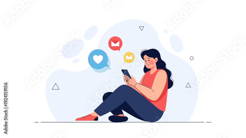 Woman using smartphone, social media notifications, online communication concept