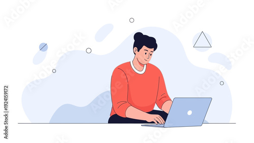 Young man working on laptop, modern illustration, remote work, digital nomad lifestyle