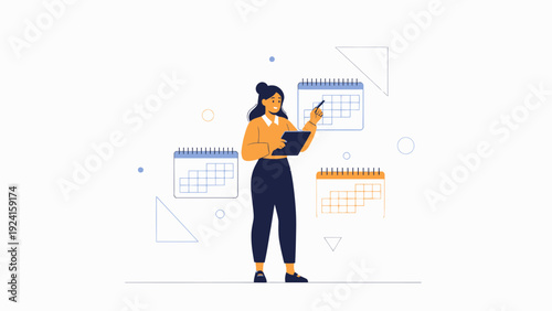 Businesswoman planning her schedule with calendars and clipboard