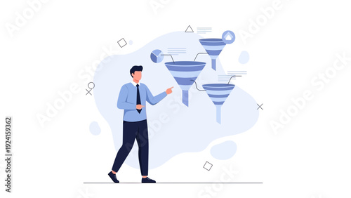 Businessman pointing at sales funnel diagram, marketing strategy, business concept
