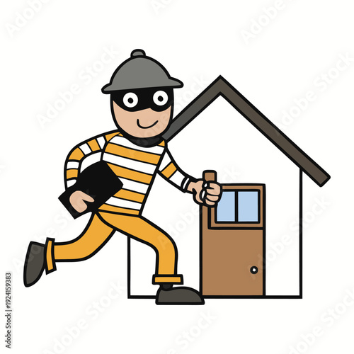 A masked male thief sneaks through the night, breaking into a house with stealth, grabbing valuables, and fleeing before anyone notices the crime.
