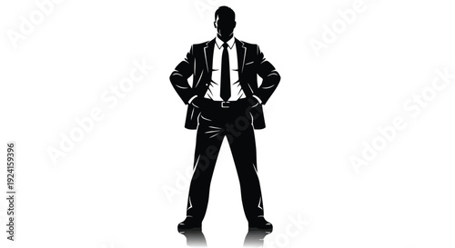 Silhouette of a confident businessman standing with hands on hips.