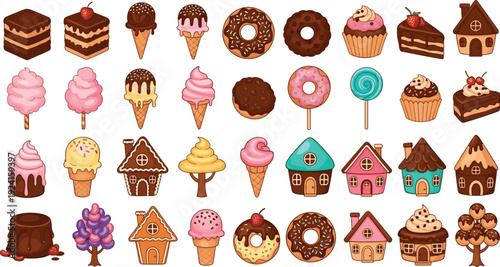 Cute Dessert and Candy Icon Set Featuring Cakes, Donuts, Ice Cream, Cupcakes, and Sweet Treats for Bakery Menus, Kids Designs, and Vector Illustrations