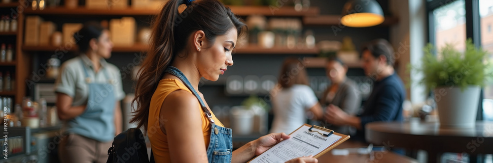 Fototapeta premium Young woman reading menu in cozy cafe with inviting decor and warm lighting, surrounded by people socializing in the background. Cafe atmosphere enhances relaxing dining experience for patrons.