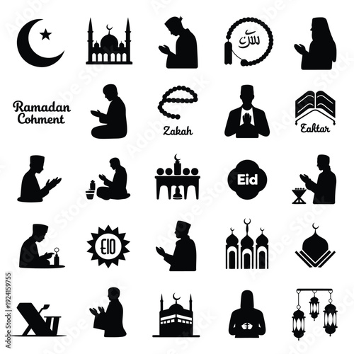 Islamic icons depicting Ramadan prayer mosque crescent moon and various religious symbols