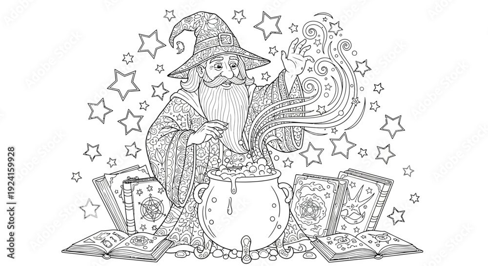 Naklejka premium Witch stirring cauldron with magic cards nearby.