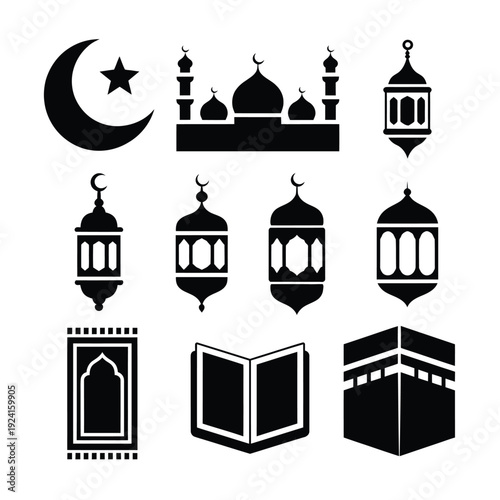 Islamic symbols collection featuring crescent moon mosque lanterns kaaba and open book illustration