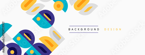 Abstract geometric shapes overlap, creating vibrant background. Colors include blue, yellow, green, purple. Minimalist design elements present.