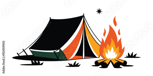 Camping adventure illustration with tent, campfire, and star design graphic, vector artwork representing outdoor exploration, travel lifestyle, nature tourism, night camping experience, and creative 