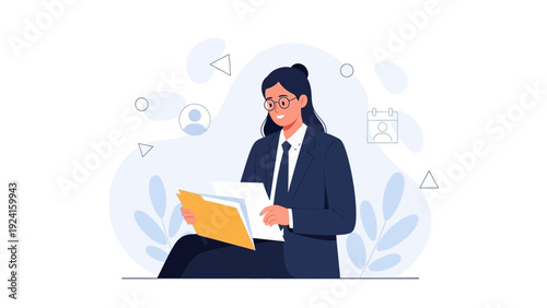 Businesswoman reviewing documents, organized workflow, professional career concept