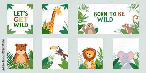 Nursery art prints featuring adorable animals and tropical foliage