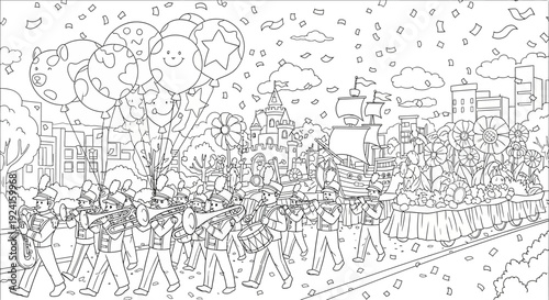 Children Drawing Parade Scene with Balloons.