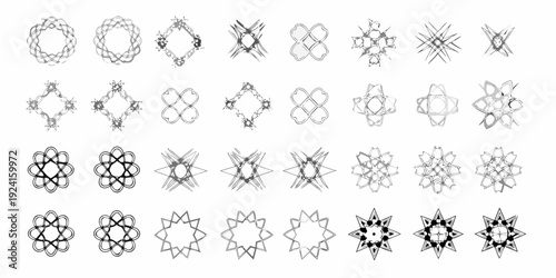 Collection of intricate geometric black and white circular designs arranged neatly