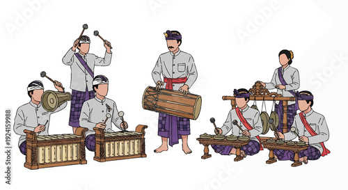 Illustration of a group of musicians playing traditional instruments in traditional attire on a white background with a cultural and musical theme.