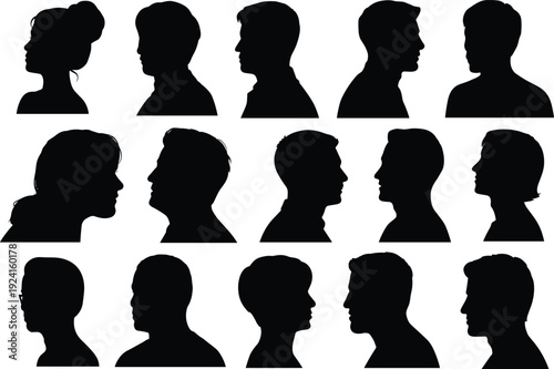 Silhouettes of diverse individuals in profile view arranged in a grid pattern on a white background