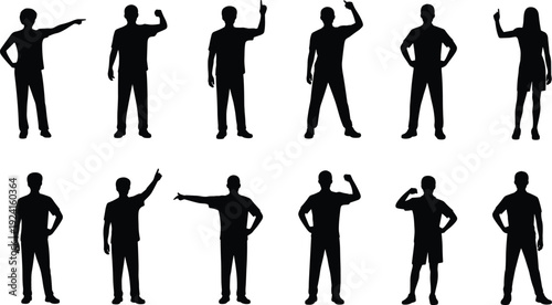 Silhouettes of people in various poses with different arm gestures and stances standing