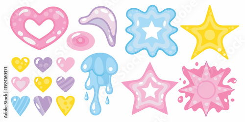 Colorful cartoon shapes including hearts stars and a jellyfish design