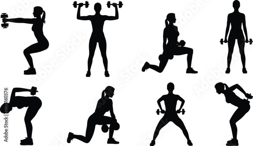 Silhouettes of people performing various weightlifting exercises with dumbbells