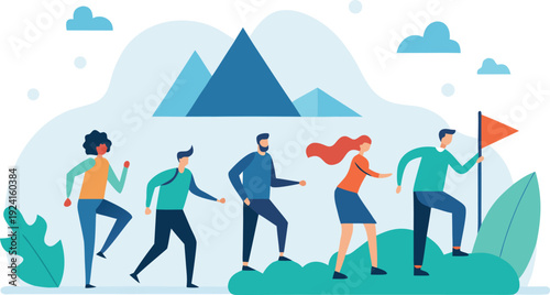 Group of people hiking in the mountains isolated on transparent background, Vector, illustration