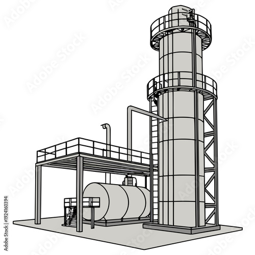 Industrial facility with a large cylindrical tower and storage tanks