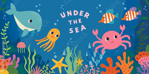 Colorful cartoon illustration depicting various marine life under the sea