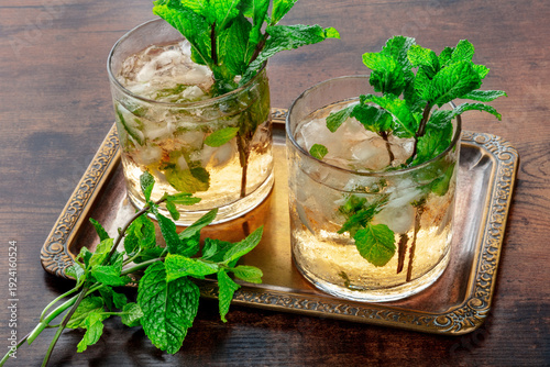 Wallpaper Mural Mint Julep, the classic Kentucky Derby cocktail, with fresh mint and crushed ice, refreshing summer drinks on a tray Torontodigital.ca