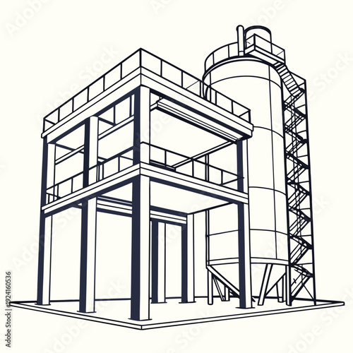 A large industrial building with a tower