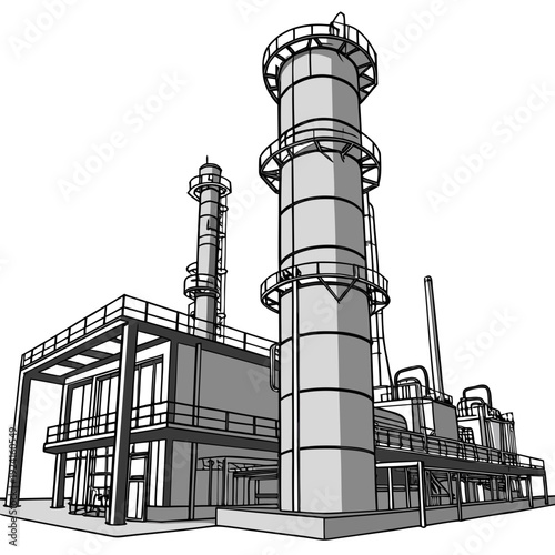 Industrial facility with large cylindrical tower and platform