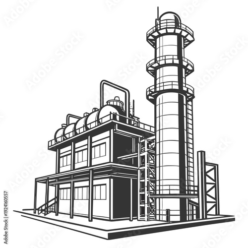 A black and white drawing of a factory with a tall tower